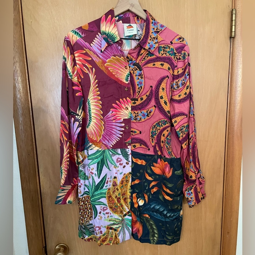 Farm Rio Button Down Short Dress Tropical Vacation Viscose Size S